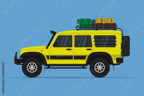 Expedition SUV. Off-road vehicle. Color drawing. Side view. Vector simple flat graphic illustration. Isolated object on blue background. Isolate.