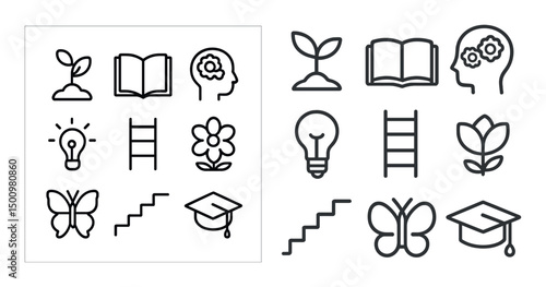 Education and growth outline icons set – learning, development, inspiration symbols