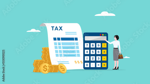 annual income tax filing, Doing taxes accounting and annual financial paperwork, tax form or annual notification of monthly duty and debt, businesswoman standing near a big calculator tax and calendar