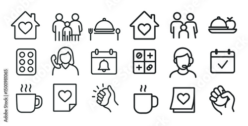 Family and home outline icons set – linear, symbols, domestic life elements