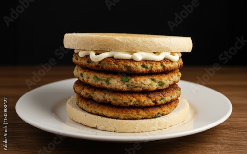 Wallpaper Mural Savory Fish Patty Stack, Creamy Mayonnaise Drizzle, Toasted Bun Delight Torontodigital.ca