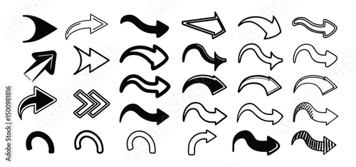 Black cured arrows vector silhouette illustration set of flying foxes, birds, and bats