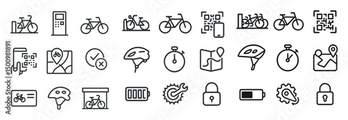 Bicycle and cycling icons set – linear, outline, biking and map navigation symbols