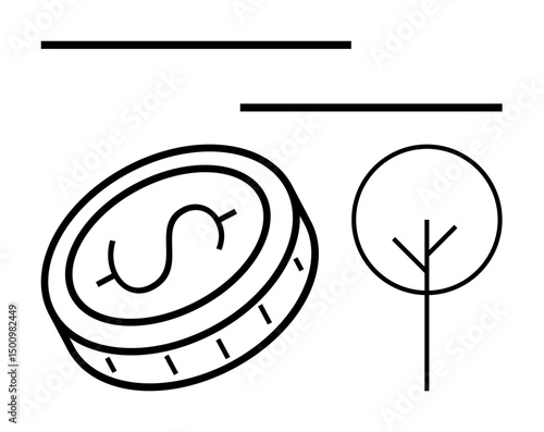 Coin with a dollar sign next to a minimalist tree illustration conveys financial growth and eco-consciousness. Ideal for finance, sustainability, investments, economy, eco-friendly, savings, simple