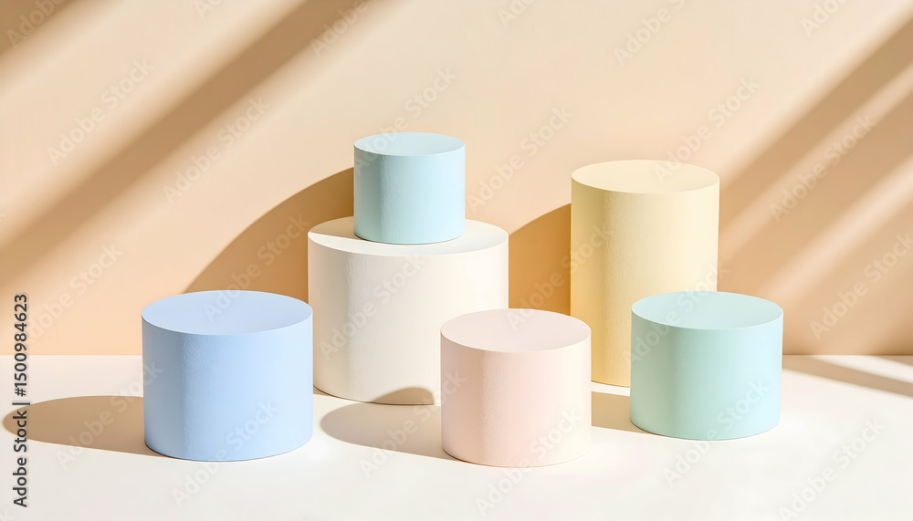 Pastel Cylinders on a White Surface with Soft Light and Shadows Pastel Cylinders on a White Surface with Soft Light and Shadows