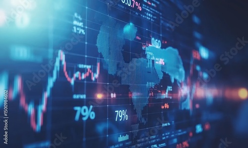 Global financial data displayed on a digital interface, showing world map overlaid with stock market graphs and percentages.  Detailed information and charts cover the entire screen