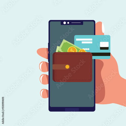 Hand holding smartphone online payment wallet and transfer money. Hand holding phone with money and credit cards on device screen vector Illustrations.