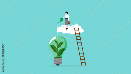 Environmental social and governance, sustainable business, industry using environmentally friendly energy or renewable energy, businesswoman watering sustainability light bulb vector illustration