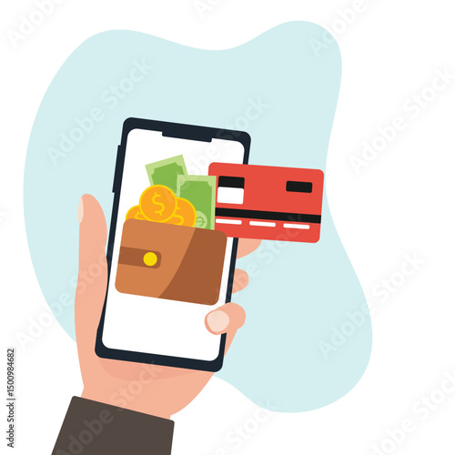Hand holding smartphone online payment wallet and transfer money. Hand holding phone with money and credit cards on device screen vector Illustrations.