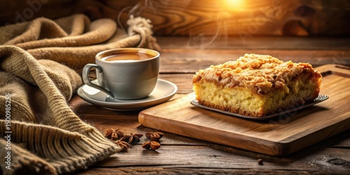 Warm autumnal scene featuring a steaming cup of coffee and a piece of crumb cake on a rustic wooden board, accompanied by a cozy knitted throw