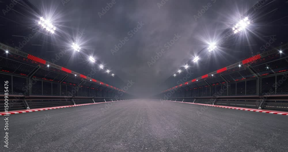Empty racing track and glowing floodlights illuminated sport stadium at night. Professional 4K video loop for racing sports advertising.