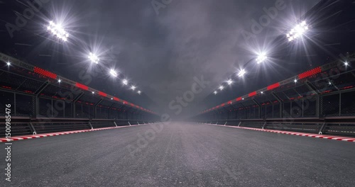 Empty racing track and glowing floodlights illuminated sport stadium at night. Professional 4K video loop for racing sports advertising.