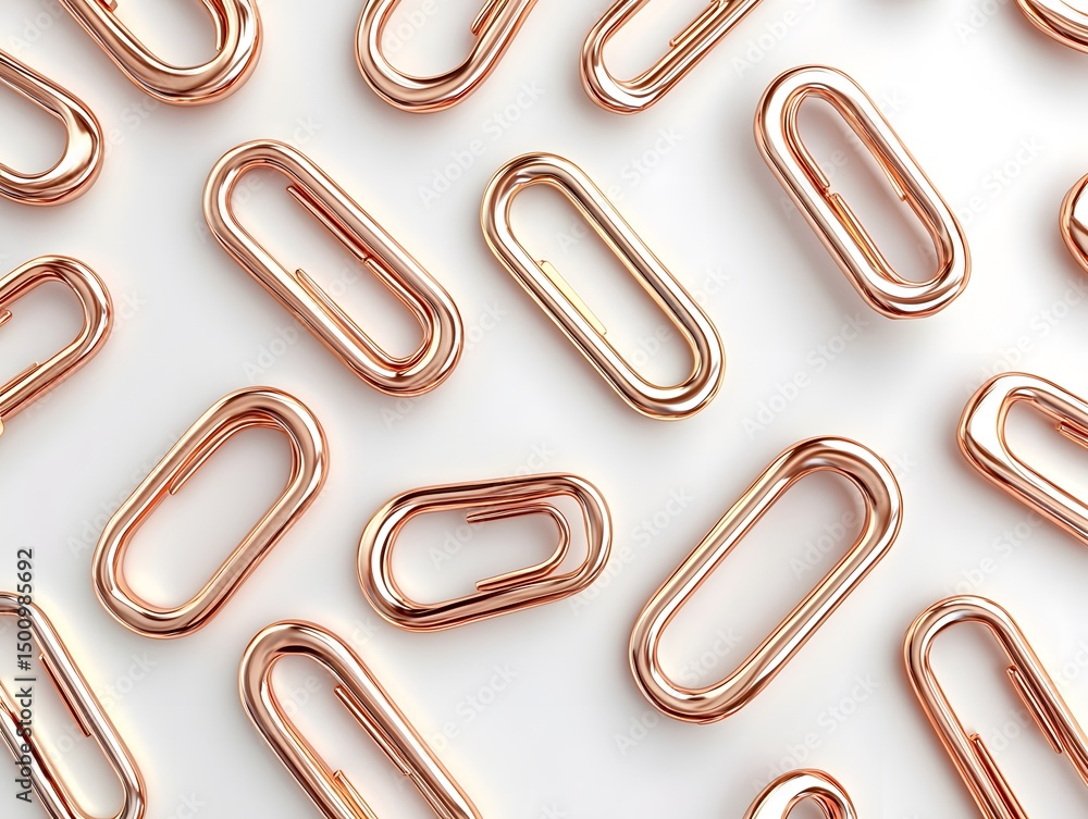 Close-up of scattered shiny rose gold paper clips with a metallic finish on a white background, emphasizing minimalism, organization, office supplies, and metallic accessories Close-up of scattered shiny rose gold paper clips with a metallic finish on a white background, emphasizing minimalism, organization, office supplies, and metallic accessories