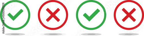 Four circular icons in a row showing a green checkmark and a red X symbol, alternating between the two, with a gray shadow beneath each icon on a white background.