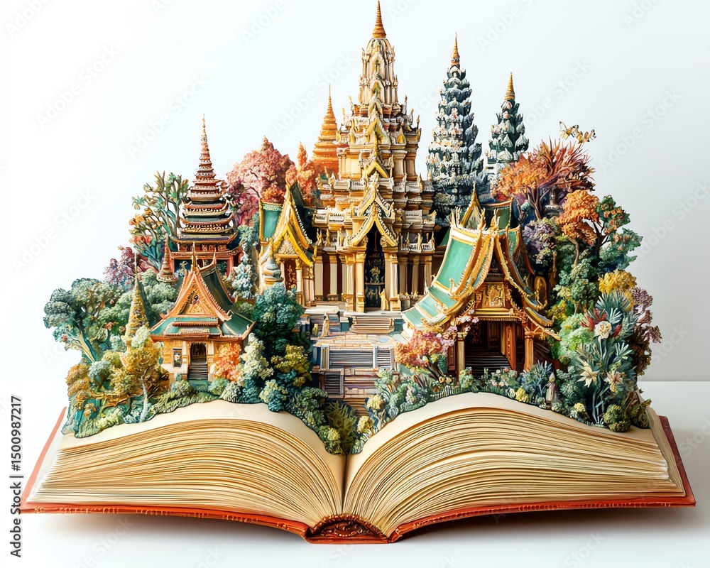 Fototapeta premium A highly detailed and sharply focused oil painting of a traditional Thai Buddha statue during the Songkran festival The statue is respectfully adorned with vibrant flower garlands