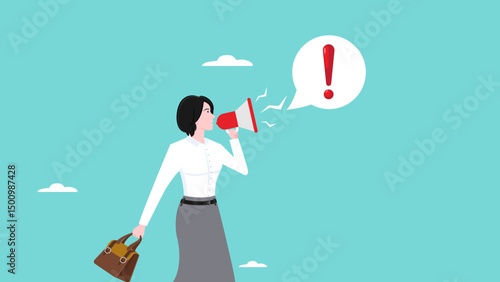 attention or warning information, breaking news or urgent message communication, Important announcement, woman announces in megaphone with attention exclamation mark concept vector illustration