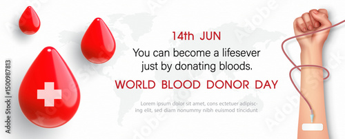 Blood droplets with human donation blood and wording of event, example texts on world map and white background. Poster's campaign of world blood donor day in vector design