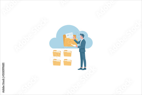 Businessman Managing Cloud Data Storage with Folder Icons. Vector illustration of a businessman in a suit organizing digital documents into cloud storage.