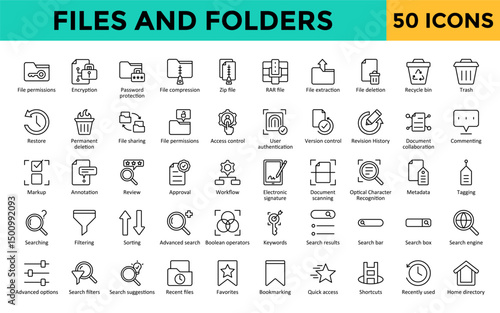 Files and Folders icons set with file permissions, encryption, password protection, file compression, zip file, rar file, file extraction, file deletion, recycle bin, trash icon. Simple line vector 
