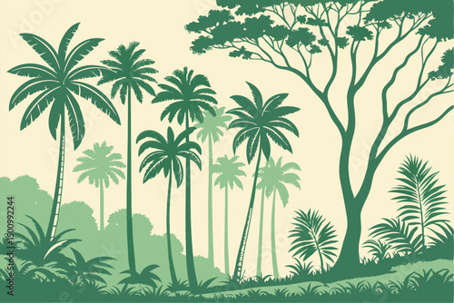 Tall tropical trees wall mural painted art, watercolor art style wallpaper background. 