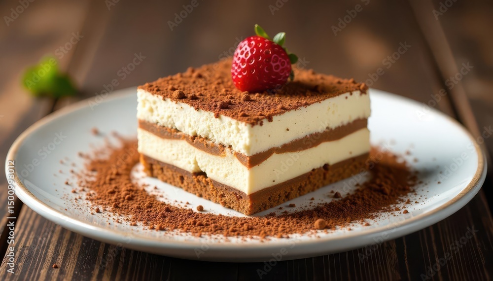 Individual tiramisu portion, dusted cocoa, elegant presentation, mascarpone, delicacy Individual tiramisu portion, dusted cocoa, elegant presentation, mascarpone, delicacy