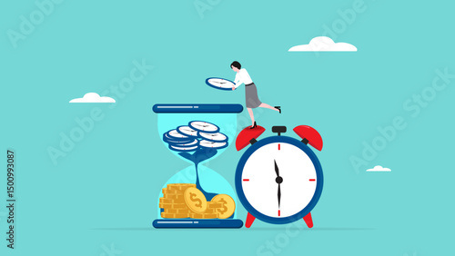 time value of money, long time investment to make money, businessman or investors Putting the clock into the hourglass turns it into money vector illustration