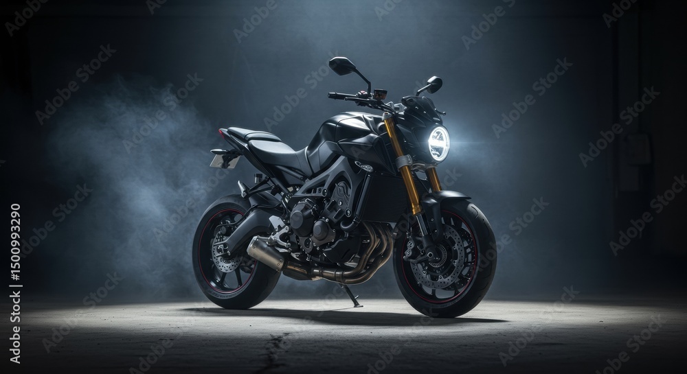 Sleek black motorcycle in dramatic spotlight with smoke effect and moody atmosphere Sleek black motorcycle in dramatic spotlight with smoke effect and moody atmosphere