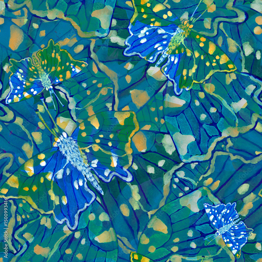 Naklejka premium Blue Butterfly seamless watercolor print