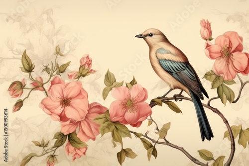 Illustration of bird and flower art painting pattern.