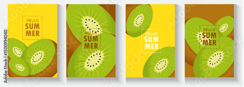 set of summer fruit in abstract poster, card, banner design, realistic juice pattern seamless background with fruits, lemon, watermelon, kiwi, cover template for brochure, flyer, and  restaurant use.