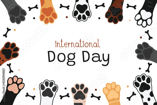 Cute dog paws set for International Dogs Day. Colorful fur pets feet