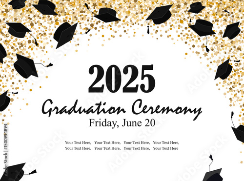 Graduation ceremony banner with graduate caps and gold confetti. Invitation card for grads party or other graduation celebration design. Vector illustration.