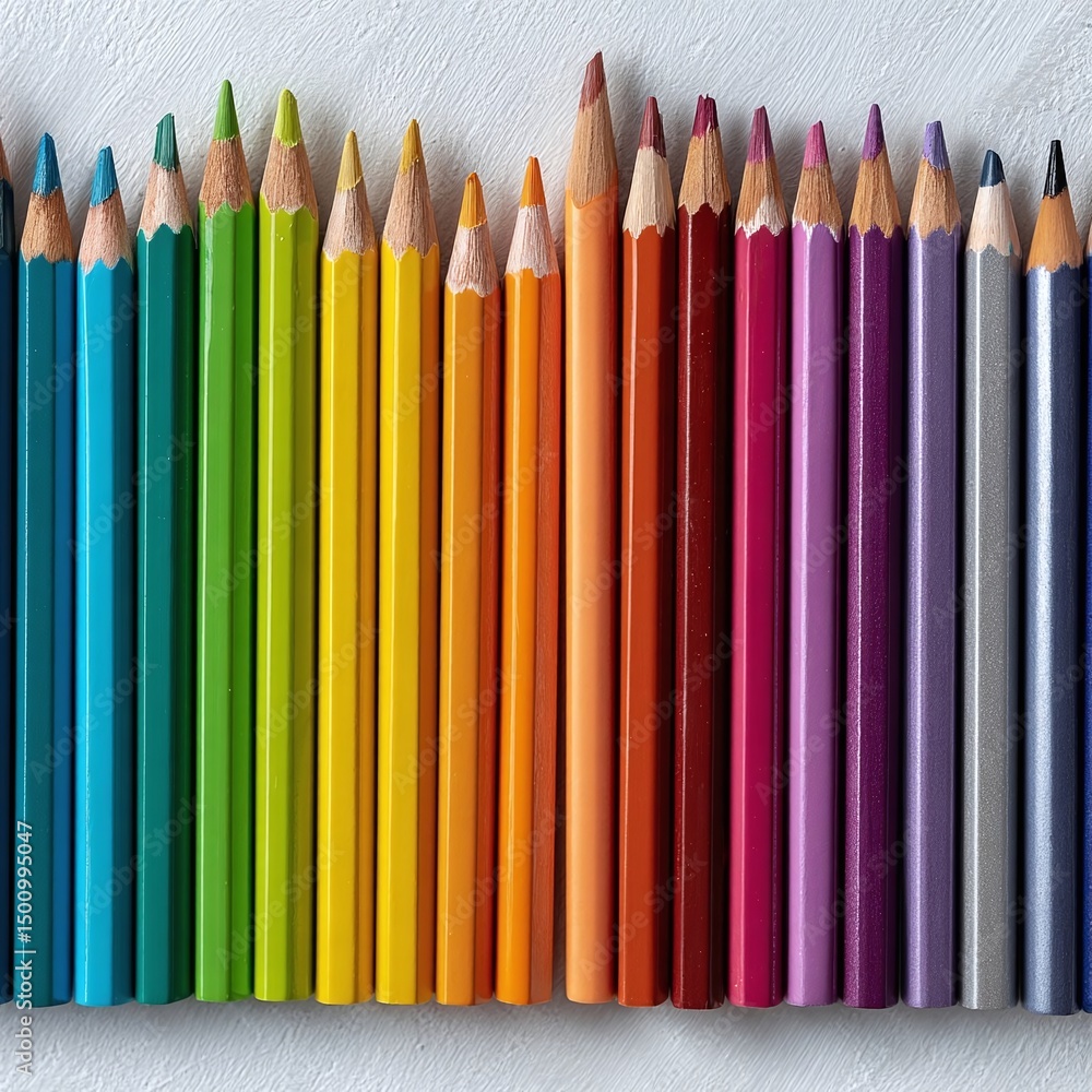 Vibrant array of colored pencils neatly arranged in a rainbow spectrum on a white background Vibrant array of colored pencils neatly arranged in a rainbow spectrum on a white background