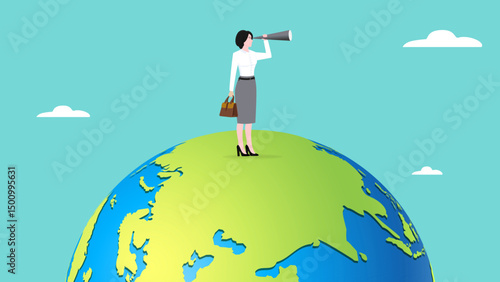 global opportunities, strategy or procedure to achieve business objective, businesswoman use telescope while climb up on big globe concept vector illustration with flat design style