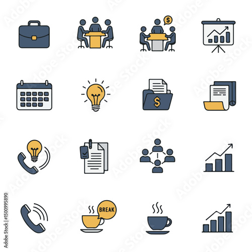 This vibrant illustration showcases a diverse array of business and financial concepts, including teamwork, planning, and the pursuit of innovative ideas.