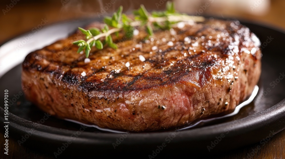 Juicy grilled pork steak with rosemary and mashed potatoes on a white plate, elegant dinner setting Juicy grilled pork steak with rosemary and mashed potatoes on a white plate, elegant dinner setting