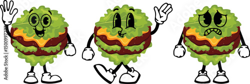 set of burger characters with fried patties, cheese and lettuce instead of a bun with various funny faces, Kawaii-style anthropomorphic food