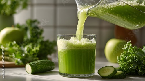 Fresh green juice being poured into a glass with vegetables in the background.