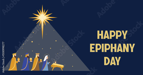 Happy Epiphany Day Vector Illustration with Three Wise Men and Nativity Scene