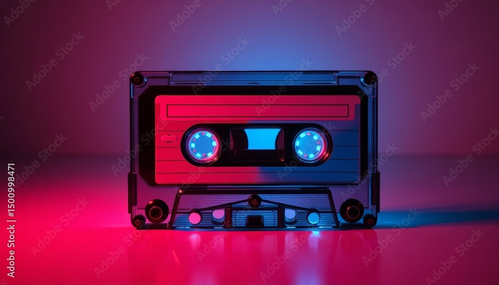 Fototapeta premium Vintage 80s audio cassette glows under vibrant neon red and blue lighting, evoking retro nostalgia. Cassette’s iconic form, perfect for synthwave, music, and pop culture themes.
