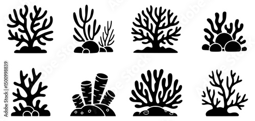 Collection of stylish vector silhouettes depicting diverse coral reef ecosystem elements