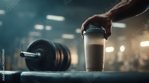 Muscle-focused workout scene with a protein shake and weights.