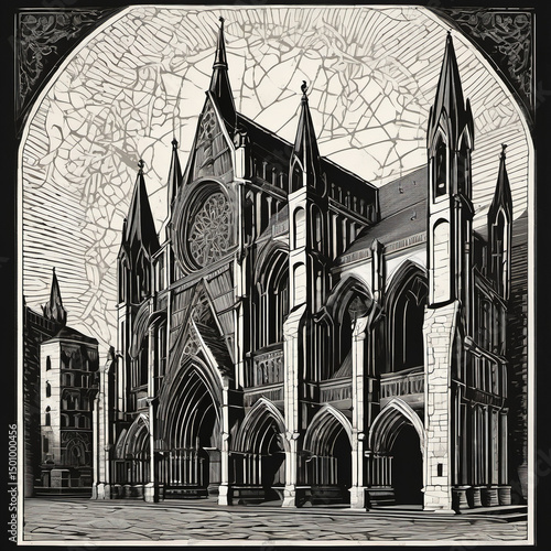 Linocut-Style Perspective View of a Gothic Cathedral for SD Prompt