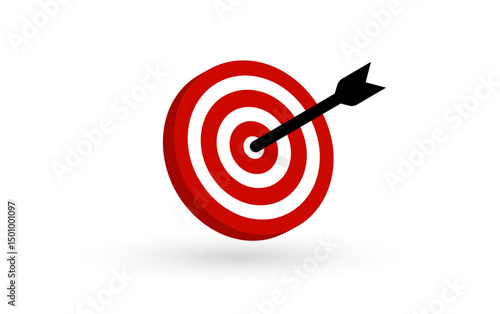 Bullseye target hit by black arrow symbolizing success, focus, goal achievement, marketing precision. Useful for business, startup, planning concepts. Vector illustration.