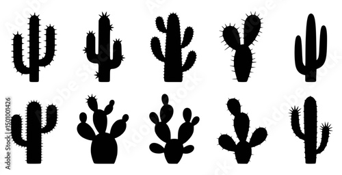 Collection of various black cactus silhouettes on a white background for design projects