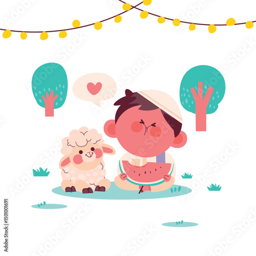 Eid alAdha Celebration with Kid and Sheep