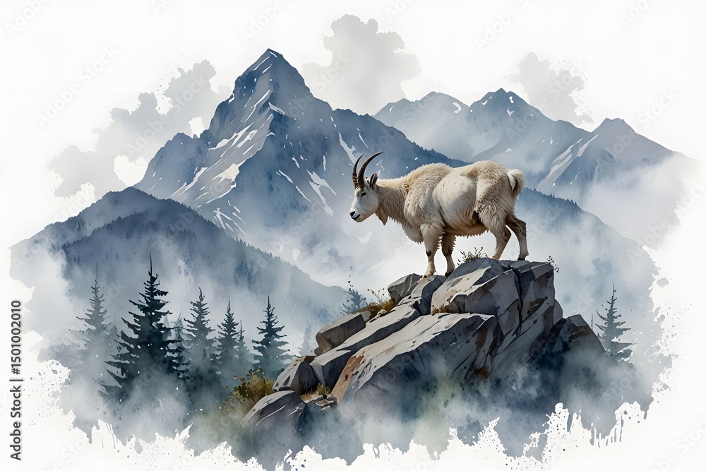 Naklejka premium Mountain goat with misty mountains in the background in watercolor style