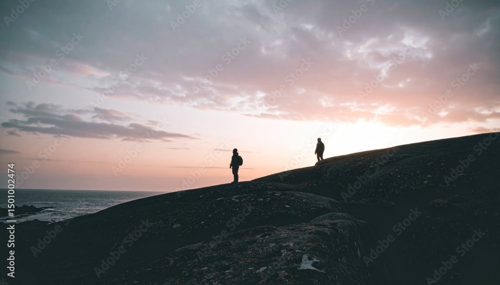 Fototapeta premium Silhouetted figures stand atop rocks at twilight; ocean, clouds, soft light