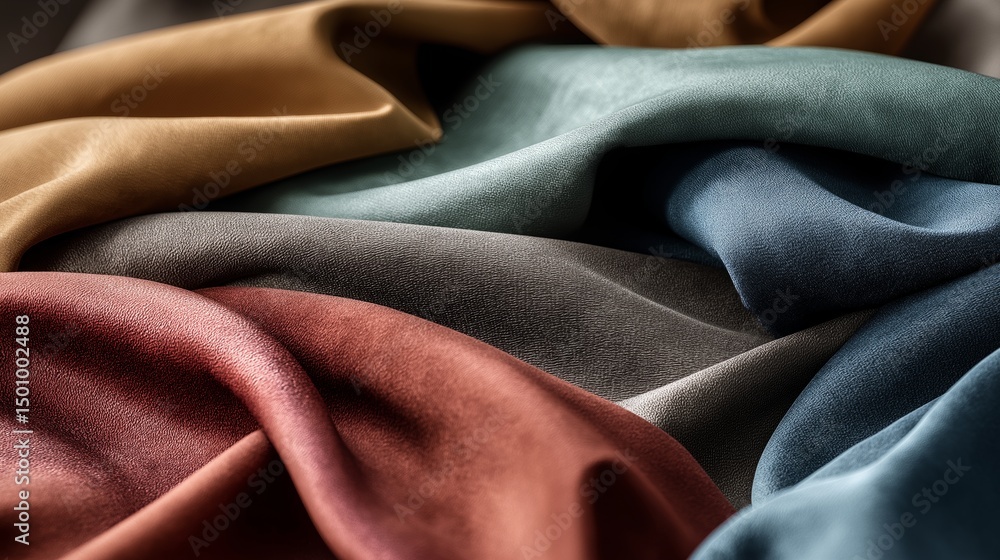 Obraz premium Textured Hues of Fabric: A tactile exploration of rich, vibrant fabrics, showcasing a spectrum of colors and textures, each fold and ripple revealing the intricate detail of the material.
