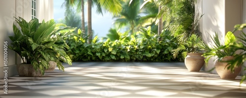 Outdoor garden oasis with potted plants sunlight and natural background